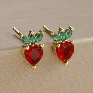 Elegant 925 silver needle strawberry stud earrings with red and green cubic zirconia