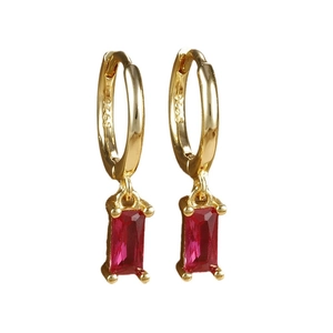 Luxurious gold-plated S925 hoop earrings with square red zircon gemstone pendants