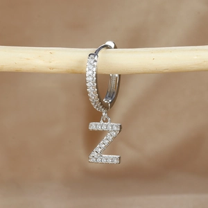 Detail of silver letter Z earring pendant with micro-set zircons on wooden branch