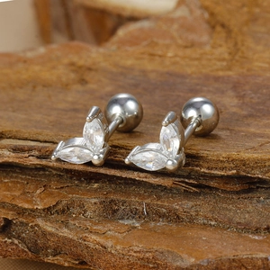 Macro shot of leaf-shaped marquise cubic zirconia studs with silver screw-back closure