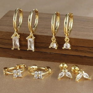 Set of four 18k gold plated brass zircon earrings with geometric crystal designs