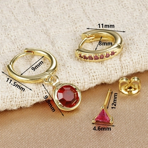 Detailed view of 11mm gold earrings set with red cubic zirconia and dimension labels