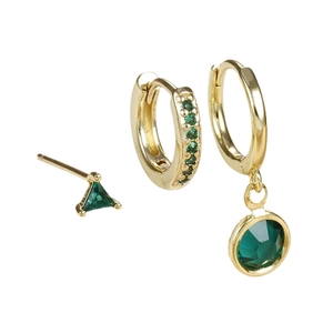 Elegant gold earrings set with micro-paved emerald green zircon in triangle and round cuts