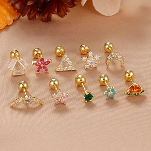 Stainless Steel Screw Back Stud Earrings For Women Rhinestone Flower Moon Triangle Star Helix Piercing Cartilage Ear Jewelry
