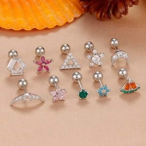 Set of 10 silver stainless steel cartilage earrings with colorful zircon floral shapes