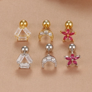 Stainless steel stud earring set with moon, star, and flower shaped cubic zirconia