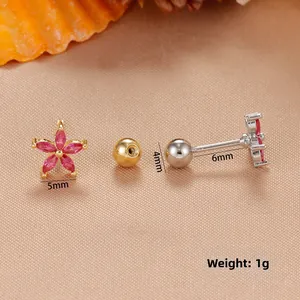 Flower screw back ear stud with 5mm pink zircon and 18K gold plated stainless steel