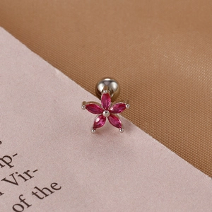 Detail of pink zircon flower earring with marquise petals and silver screw back ball
