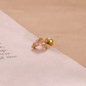 Detail of pink marquise zircon butterfly stud earrings with gold plating and screw back