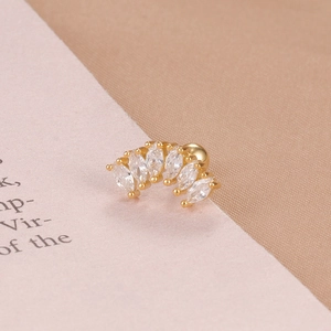 Close-up of gold-plated butterfly helix stud with six marquise-cut marquise-cut zircons