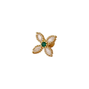 Orecchino a fiore dorato con gemma verde centrale e quattro zirconi trasparenti marquise
