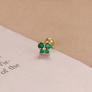 Gold plated butterfly ear stud with green zircons and threaded ball back fastener