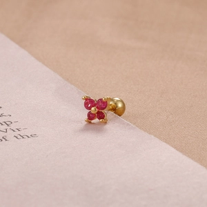 Four-petal red stone gold stud earring with screw back for helix piercing