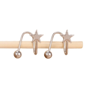 Silver U-shaped spiral earrings with star and bead accents on white background