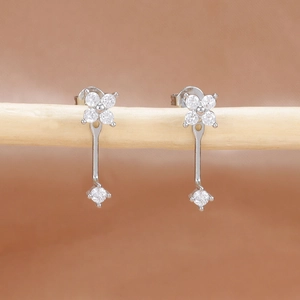 Vista detallada de los pendientes de plata con circonitas y diseño floral en soporte