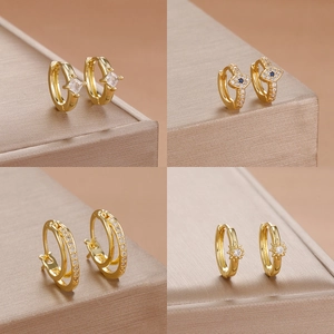 Stainless Steel Gold Plated Huggie Hoop Earrings For Women Rhinestone Sun Star Evil Eye Small Circle Earrings Fashion Jewelry