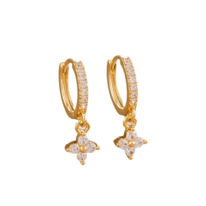 Golden hoop earrings with sparkling zircon clover charms on a clean white background