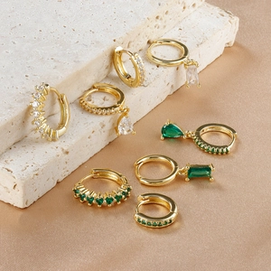 Chic 18K gold plated earring set featuring rectangular zircon pendants and green gemstones