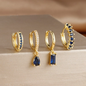 Elegant gold-plated earring set with blue and clear rectangular zircon pendants