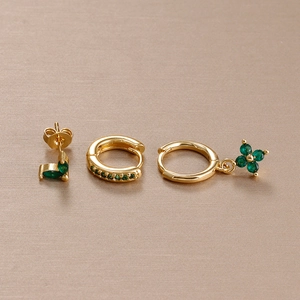 Elegant gold-plated flower earring set with green marquise stones and emerald charms