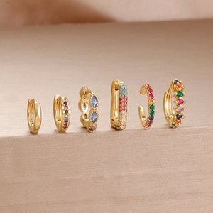 Luxurious gold stainless steel hoop earrings set with colorful zircon stones in various designs