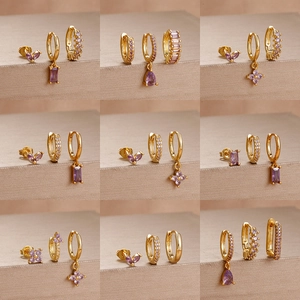 Luxury Stainless Steel Earring Set Purple Rhinestone Gold Plated 925 Sterling Silver Post Flower Butterfly Earring Set Jewelry
