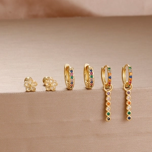 Luxury gold stainless steel earring set with colorful zircon stones and floral studs