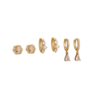 Luxury gold stainless steel earring set with pearls and zircon in flower and pear shapes