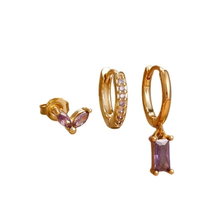 Three-piece set of gold-plated piercing earrings with sparkling purple zircon crystals
