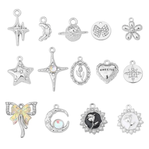 Silver DIY charm collection with tulip, star, bow, and heart designs for jewelry making
