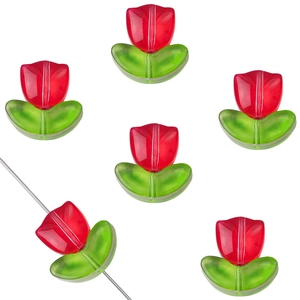 Detailed view of red and green gradient tulip flower beads with a metal wire through one bead