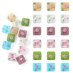 Matte vierkante lampwork glaskralen met handgeschilderde roosmotieven voor DIY sieraden