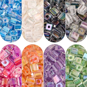 Detailed comparison of multi-colored glass square beads with AB rainbow coating for DIY jewelry