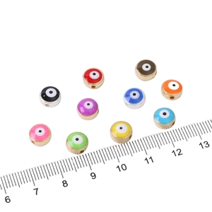Flat round evil eye resin beads with metal frame in 10 vibrant colors for DIY jewelry