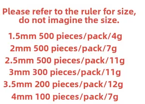 Size guide for copper crimp beads showing 1.5mm to 4.0mm dimensions and pack quantities