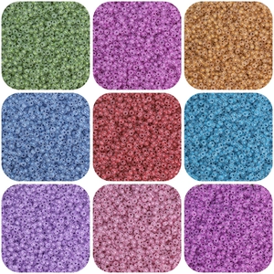Close-up of colorful seed beads in nine colors for DIY jewelry making and beadwork