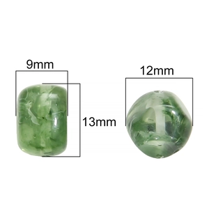 Rectangle and round amber-textured acrylic beads in green with size measurements