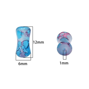 Bamboo-shaped 12x6mm blue and pink ink wash glass beads with dimensions and 1mm hole details