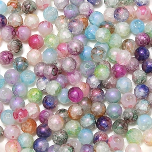 Perles rondes en verre aurore violette avec texture craquelée pour création bijoux