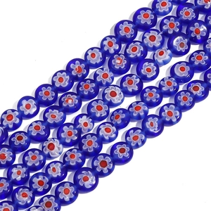 Flat round Millefiori glass beads in dark blue with red floral pattern for DIY jewelry