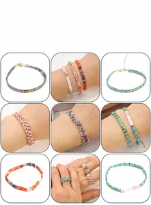 Macro view of colorful bohemian rectangular Tila beads bracelets and woven rings set