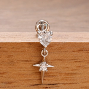 Silver stainless steel heart and star zircon stud earring with screw back closure