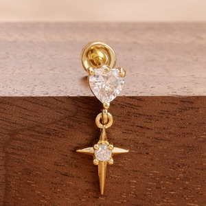 Minimalist gold heart and cross star stud earring with clear zircon inlay for women