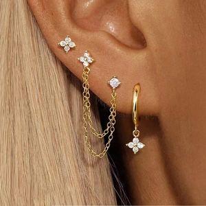 Stainless Steel Clover Flower Earring Set For Women Rhinestone Tassel Chain Multi-Piercing Gold Silver Earrings Fashion Jewelry
