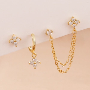 Gold stainless steel floral earring set with marquise petals and shimmering crystals