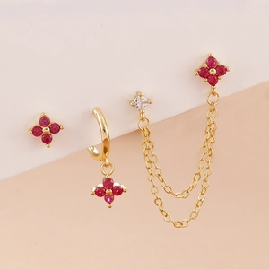 Gold stainless steel earring set with red zircon flower charms and elegant ear chain link