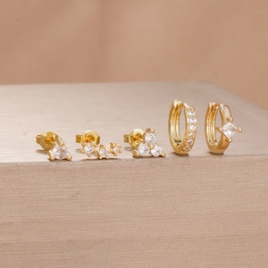 Five-piece gold stainless steel earring set with clear zircon stones for women