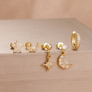 5-piece gold stainless steel celestial earring set with star and moon zircon studs