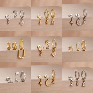 Stainless Steel Rhinestone Earring Set For Women Star Moon Heart Flower Shape Small Hoop Stud Earrings Fashion Jewelry