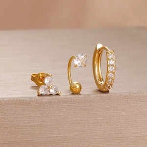 Three-piece set of gold-plated stainless steel earrings with sparkling zircon stones